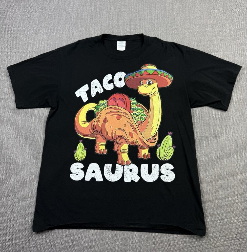 Taco Saurus Dinosaur Taco Funny Graphic T Shirt Mens Large Black Cinco Fiesta